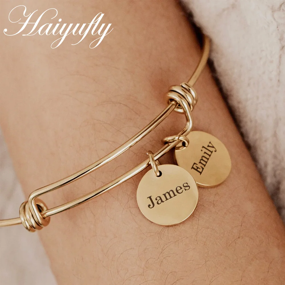 

Haiyufly Personalized Engrave Name Bracelet Stainless Steel Heart Cuff Bangle for Women Family Adjustable Birthday Jewelry Gift