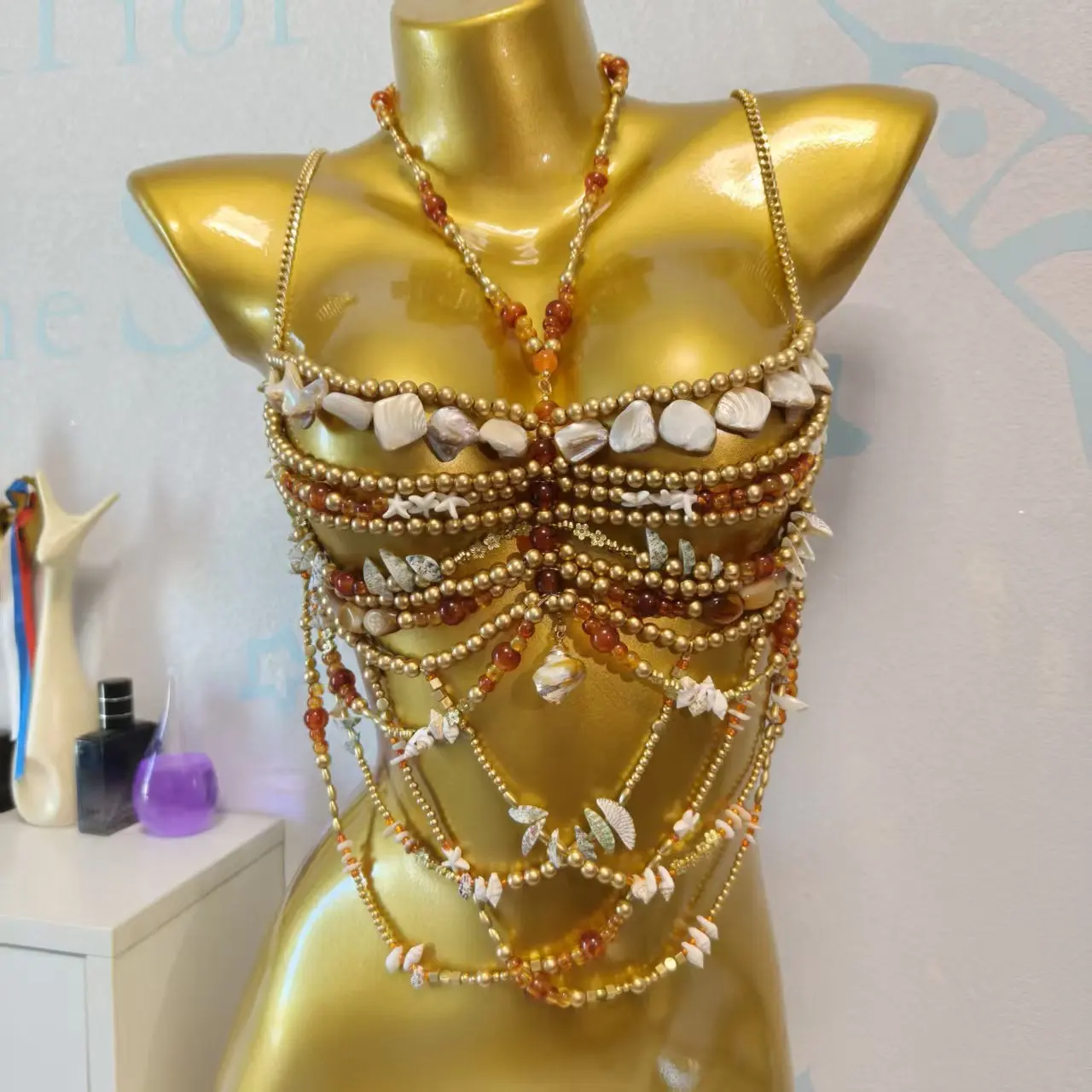 

Handmade Beaded Bra Tank Top, Body Chain, Chest Chain Accessories, Music Festival Sexy Hollow Neck Hanging Bead Top