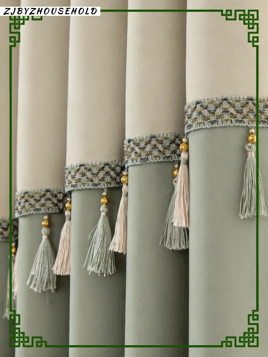 Blackout Cotton Linen Curtains for Living Room Bedroom with Tassel Trim Sunshades Window Drapes Thermal Insulated Black Panels