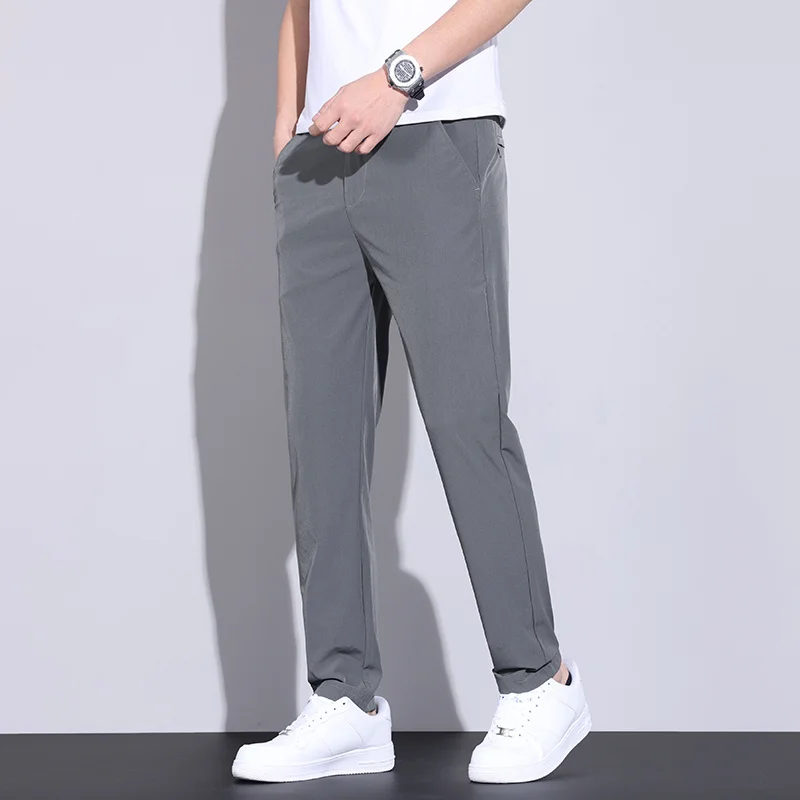 New Classic Style Summer Men Casual Pants Straight Slim Korea Fashion Business Trousers Breathable Ice Silk Fabric Stretch Pants