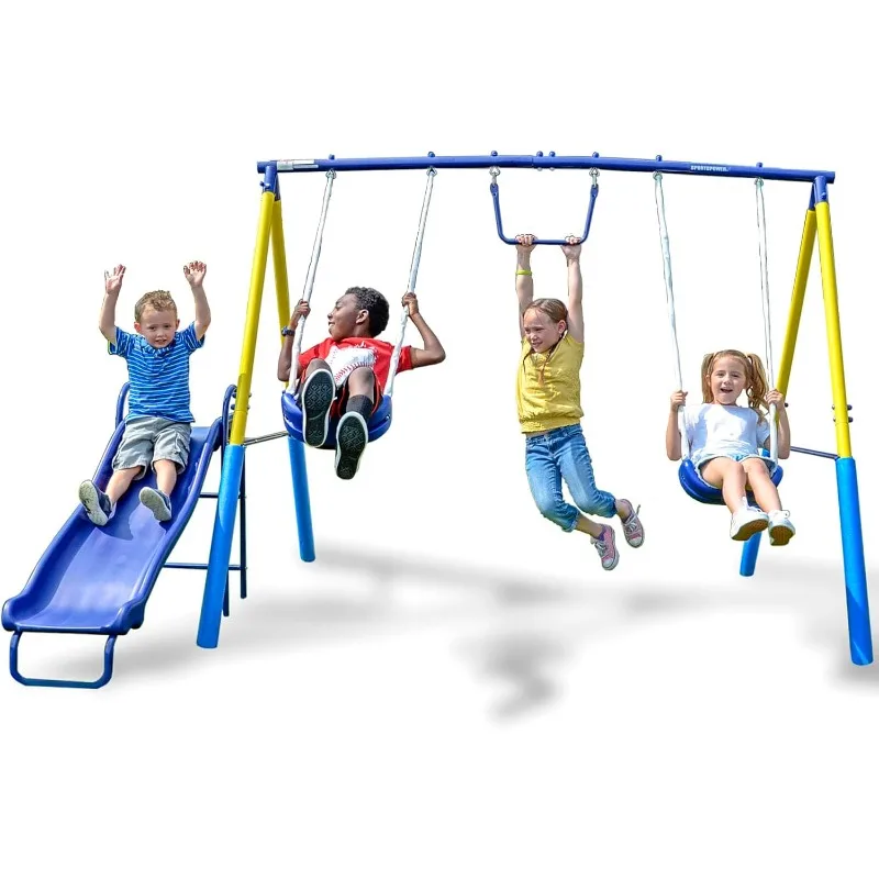 Outdoor Kids Swing Set with Slide, Durable Green & White Play Equipment
