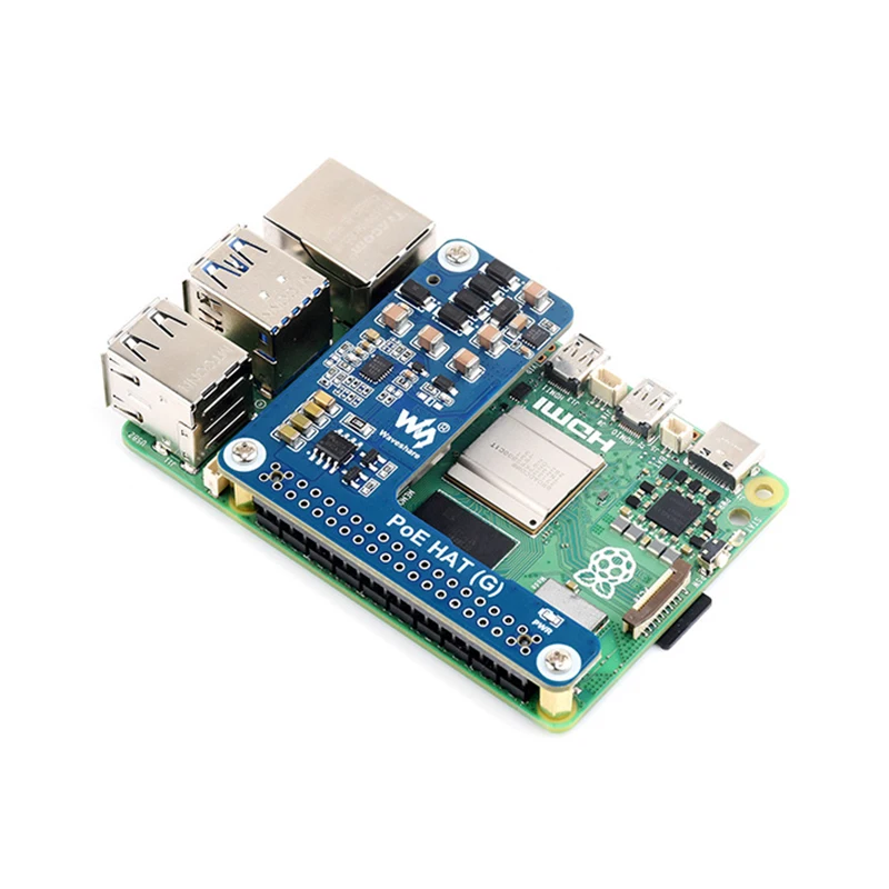 Raspberry Pi 5 PoE HAT(이더넷 HAT(G) 5V 5A 출력을 통한 전원 공급)는 Raspberry Pi 5/CM5 PoE HAT용 802.3af/at 네트워크 표준을 지원합니다.