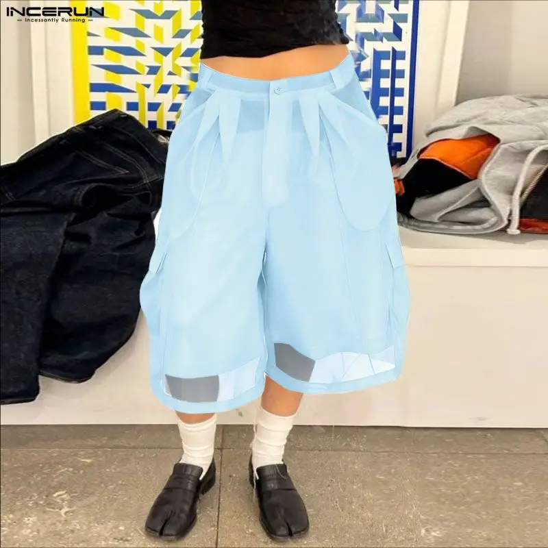 INCERUN Men Shorts Mesh See Through Button Oversize Men Bottoms Streetwear Loose Summer Vacation Fashion Sexy Male Shorts S-5XL