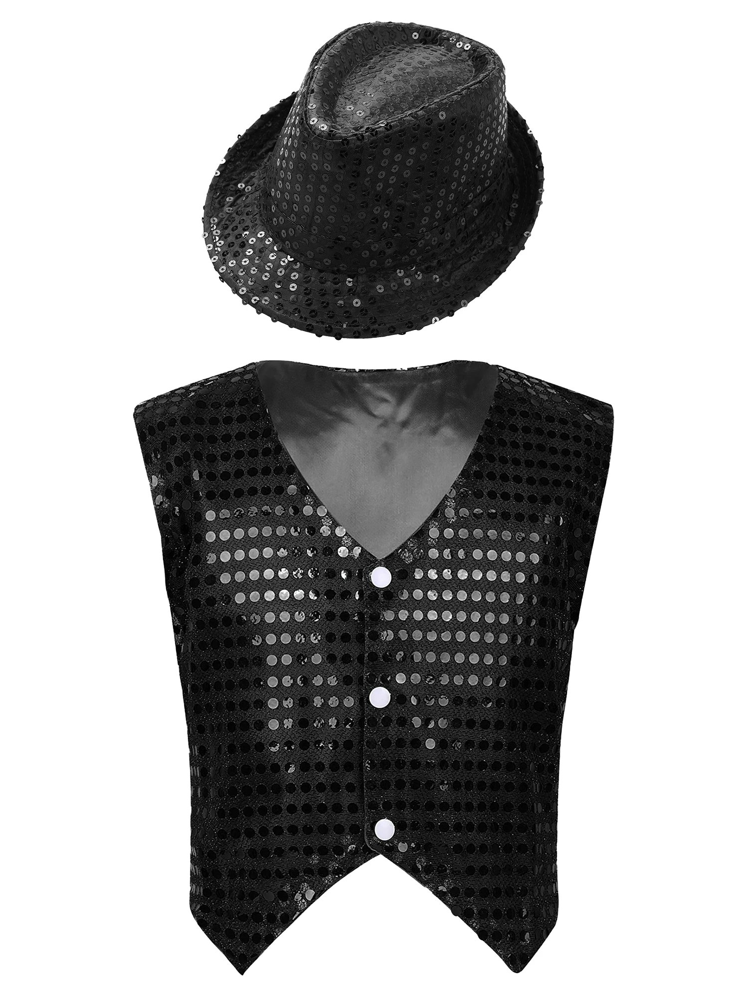 Kids Boys Shiny Glittery Sequined Sleeveless Waistcoat with Hat for Jazz Dance Stage Performance