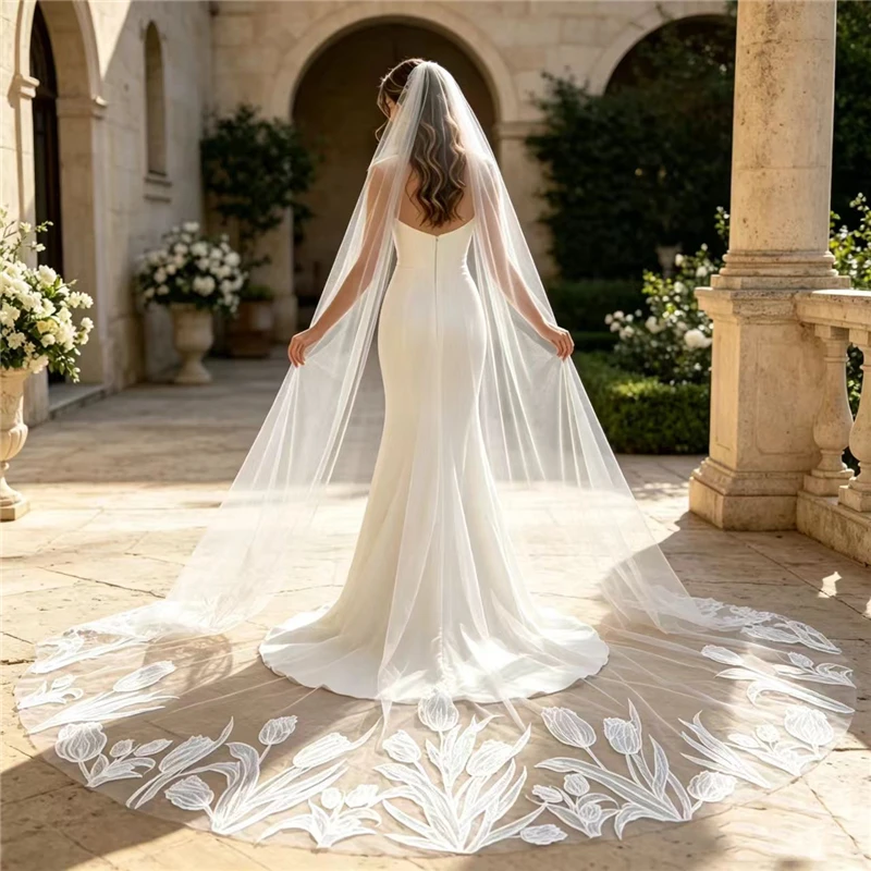 Tulips Big Large Flowers Sequins Wedding Bridal Veils Sparkly Ivory Embroidered Tulle Cathedral Accessories For Brides Floral