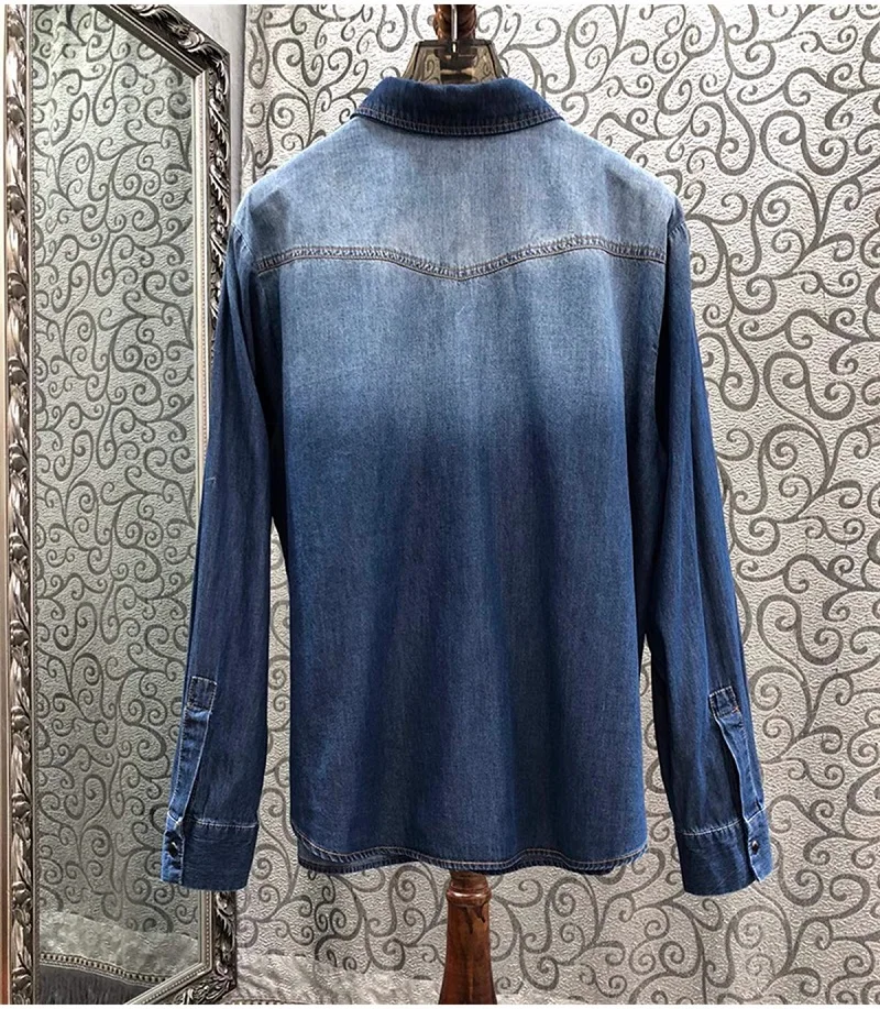 100%Cotton Denim Shirts 2024 Autumn Winter Shirts Women Appliques Flower Embroidery Long Sleeve Casual Blue Jeans Shirts Clothes