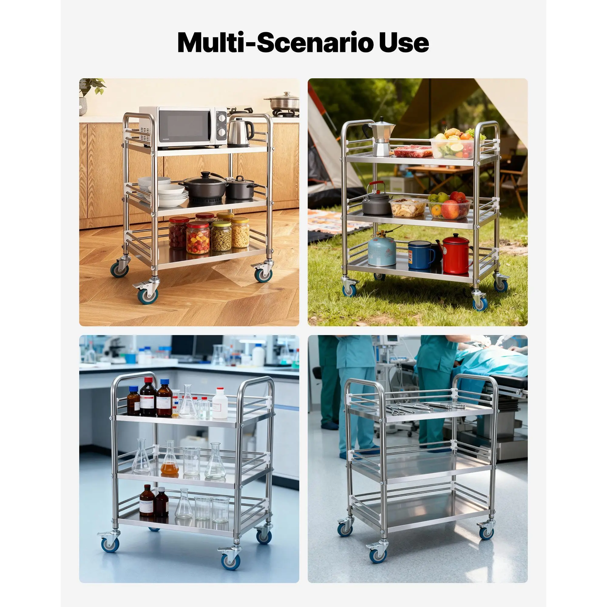 Stainless Steel Cart, 3-Tier Rolling Lab Utility Cart with Lockable Wheels, Medical Serving Trolley Clinic Tray, Heavy Duty Mobile Service Storage Tray for Hospital, Restaurant, Kitchen, Salon