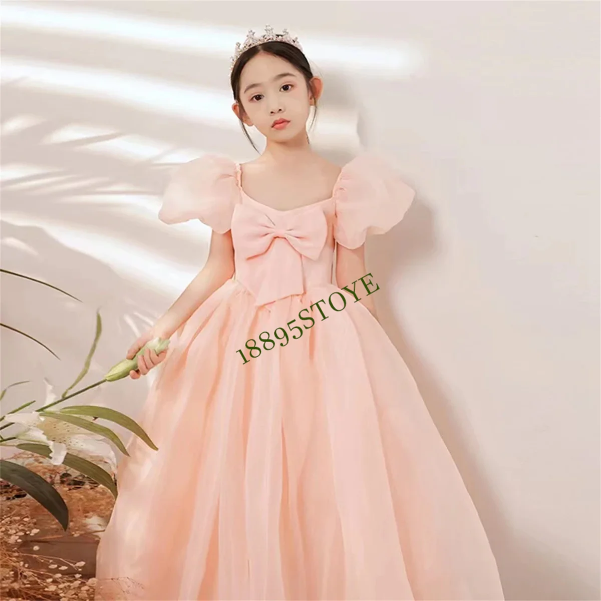 Lovely Pink Short Puff Sleeves Flower Girl Dresses For Wedding 2023 Formal Pageant Birthday Party First Communion Gowns For Kids