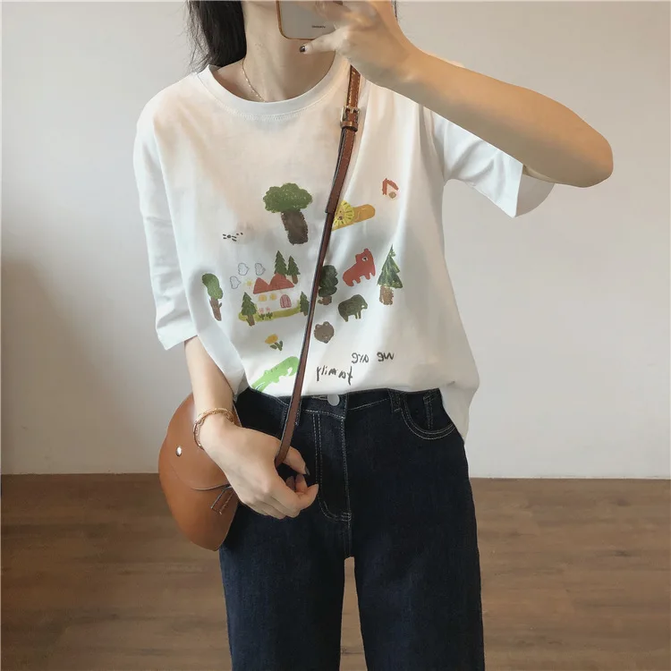 2022 Women Summer O-Neck White T Shirts Short Sleeve High Quality Women Cartoon Print Tees Cotton Loose Style Women Clothes