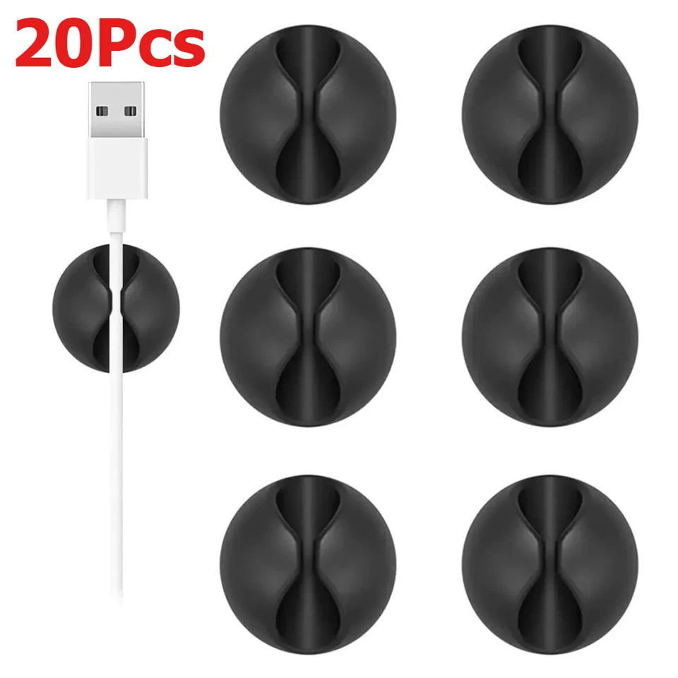 20개입 원형 코드 클립 실리콘 와이어 정리기 케이블 클립 책상 정리 관리 와이어 홀더 자동차 USB 충전 태블릿 케이블용