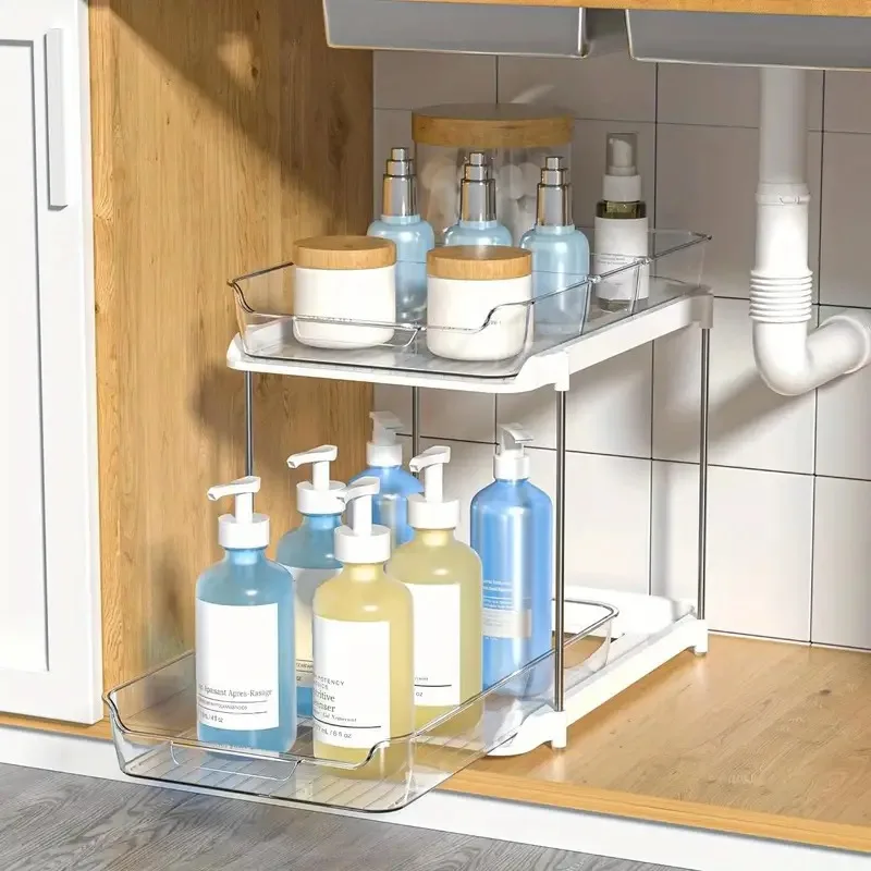 Pull-Out Organizer 2-Tier Clear Under Sink Organizer Storage Rack with Adjustable Dividers for Kitchen and Bathroom Organizers