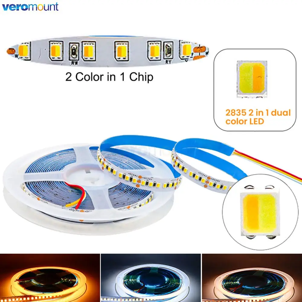 5m DC12V 24V 2835 CCT elastyczny pasek LED Dual White 2 Color in 1 Chip 120 180leds/m 3000K - 6500K regulowana taśma LED SMD 8/10mm
