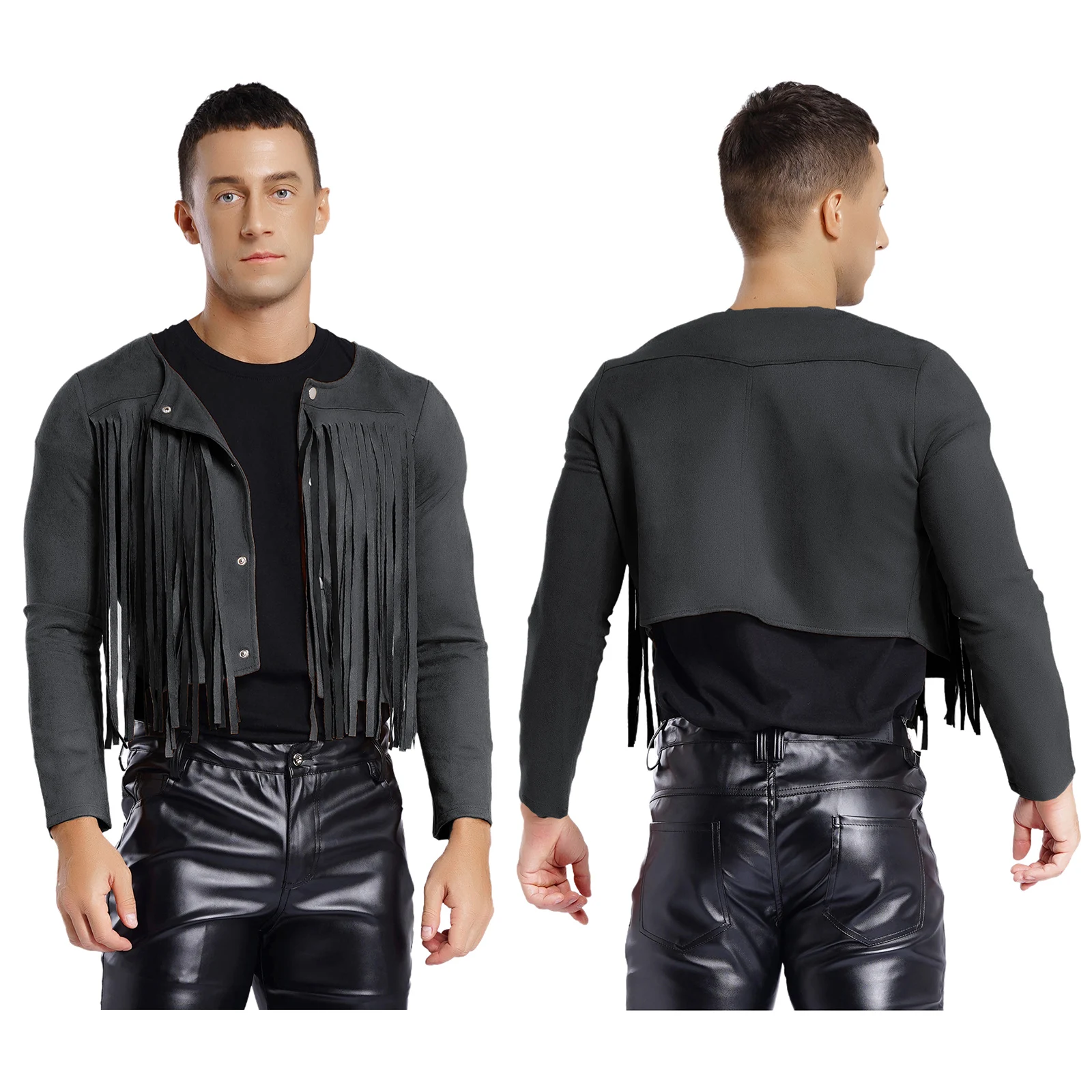 Cardigan in pelle scamosciata vintage alla moda da uomo Halloween Western Cowboy Cosplay Crop Jackets Gilet con nappa folclórica hippie a maniche lunghe