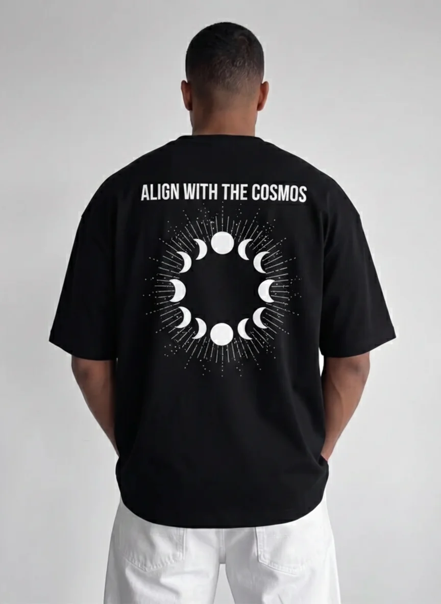 

Black Moon Phase Graphic Tee Align with the Cosmos Back Print Unisex Printed Tee Celestial Circle Moon Phases Design Streetwear