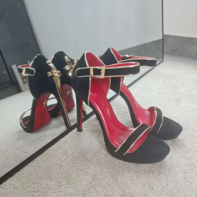 European New Retro Black Genuine Leather One Strap High Heel Sandals Women Open Toed Sword Scepter Heel Fashion Sandals