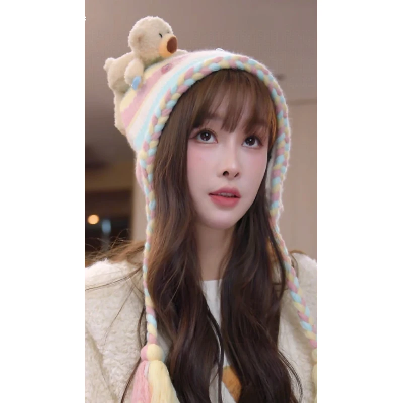 

3D Bear Ear Knitted Hat Color Blo Woolen Cap Cute Versatile Agel Faionable Winter Hat for Women Ladies Girls