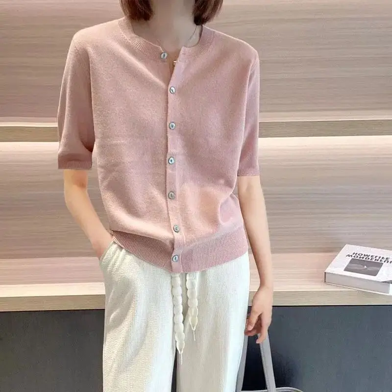 

Short-sleeved Knit Cardigan Single-breasted Summer T-shirt Casual Ice Silk Lightweight O Neck T-shirt Top Women Sweater Soft
