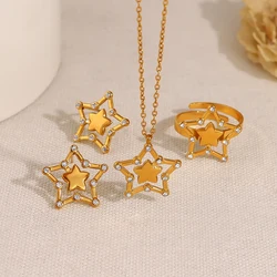 WILD & FREE Exquisite Crystal Star Stainless Steel Stud Earrings Pendant Necklace Ring Women Jewelry Set 18K Gold Plated