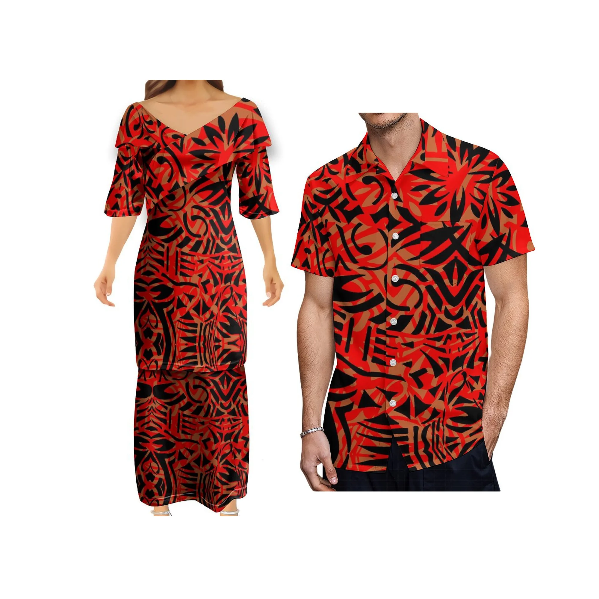 

Custom Double-Layer Suit Dress V-Neck Short-Sleeved Dress Polynesian Puletasi Drop shipping