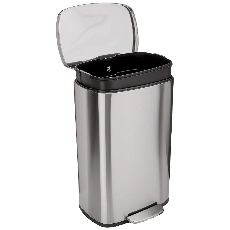 Smudge Resistant Rectangular Trash Can With Soft-Close Foot Pedal, Brushed Stainless Steel, 50 Liter/13.2 Gallon