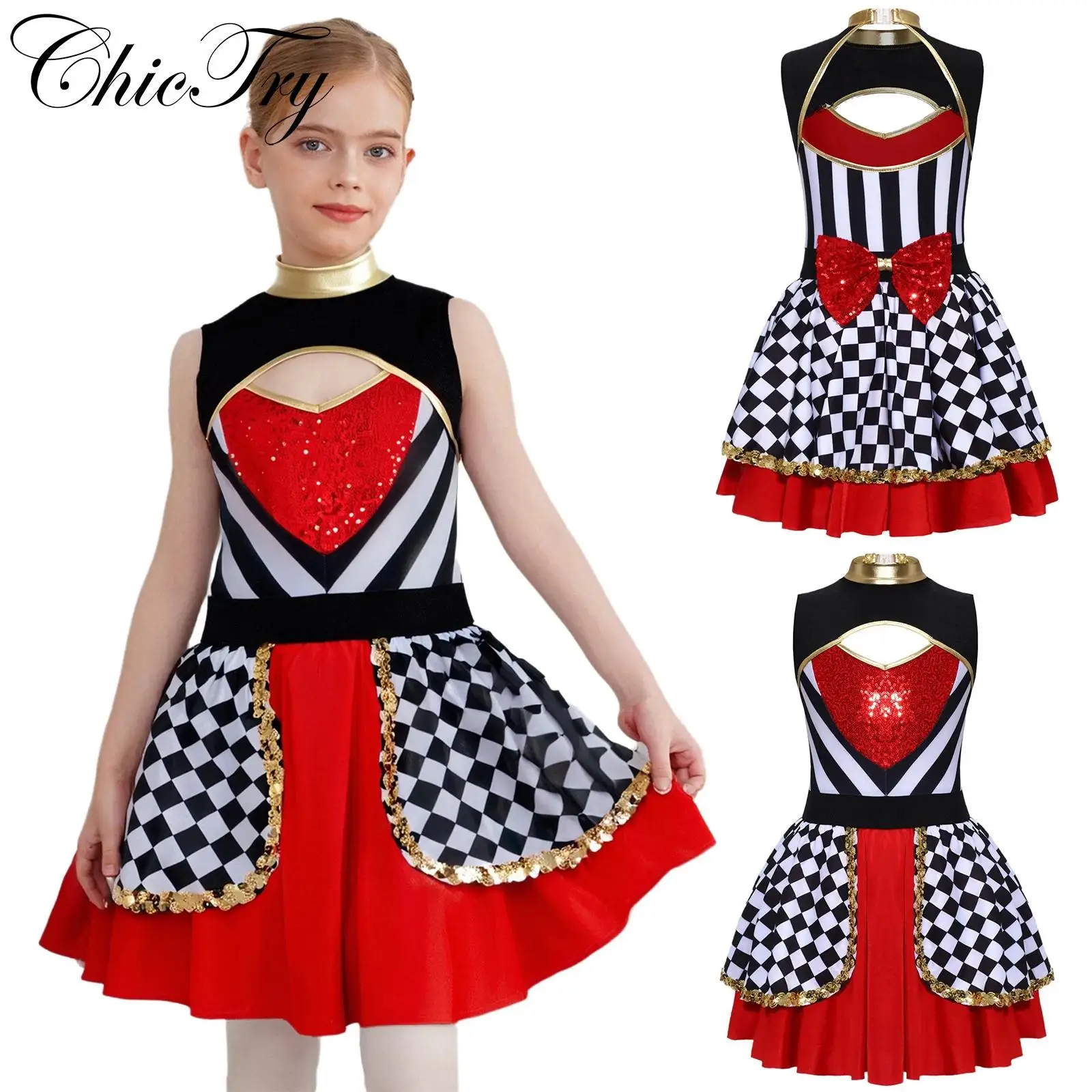 

Kids Girls Circus Ringmaster Costume Wonderland Queen Cosplay Party Dress Sequins Cutout Back Waist Bow Halloween Fancy Dress Up