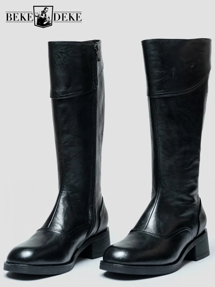 Fashion Handmade Cowhide Zipper Round Toe Chunky Heel High Top Boots Solid Color Genuine Leather Height Increase Male Footwear