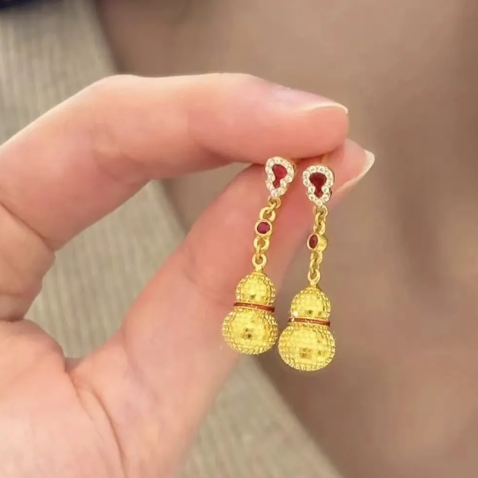 Women's 24K Gold (AU999) Diamond Laser Carved Gourd Earrings | Faceted Gourd, Laser-Carved Vines with Rose Quartz Belly