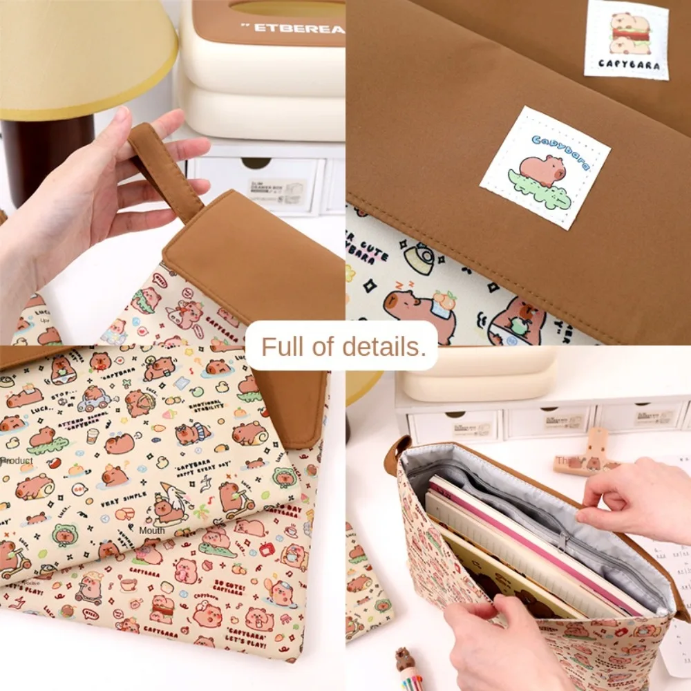 Washable Fabric Capybara Document Bag Durable Zipper Pouch Capybara File Bag Funny Large Capacity Cartoon Paper Storage Bag