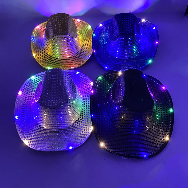 2pcs LED Sequin Cowboy Hat Glowing Party Hats Men Women Christmas Birthday Wedding Party Costume Night Club Festival Accessories