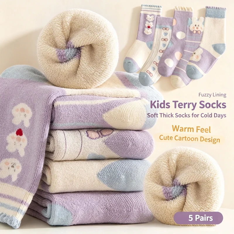 5 Paar Kinder-Frotteesocken, Winter, dick, warm, mittelhohe Socken, mit niedlichem Cartoon-Motiv (Hase, Bär), dehnbar, weich, für Mädchen. – Detail 1