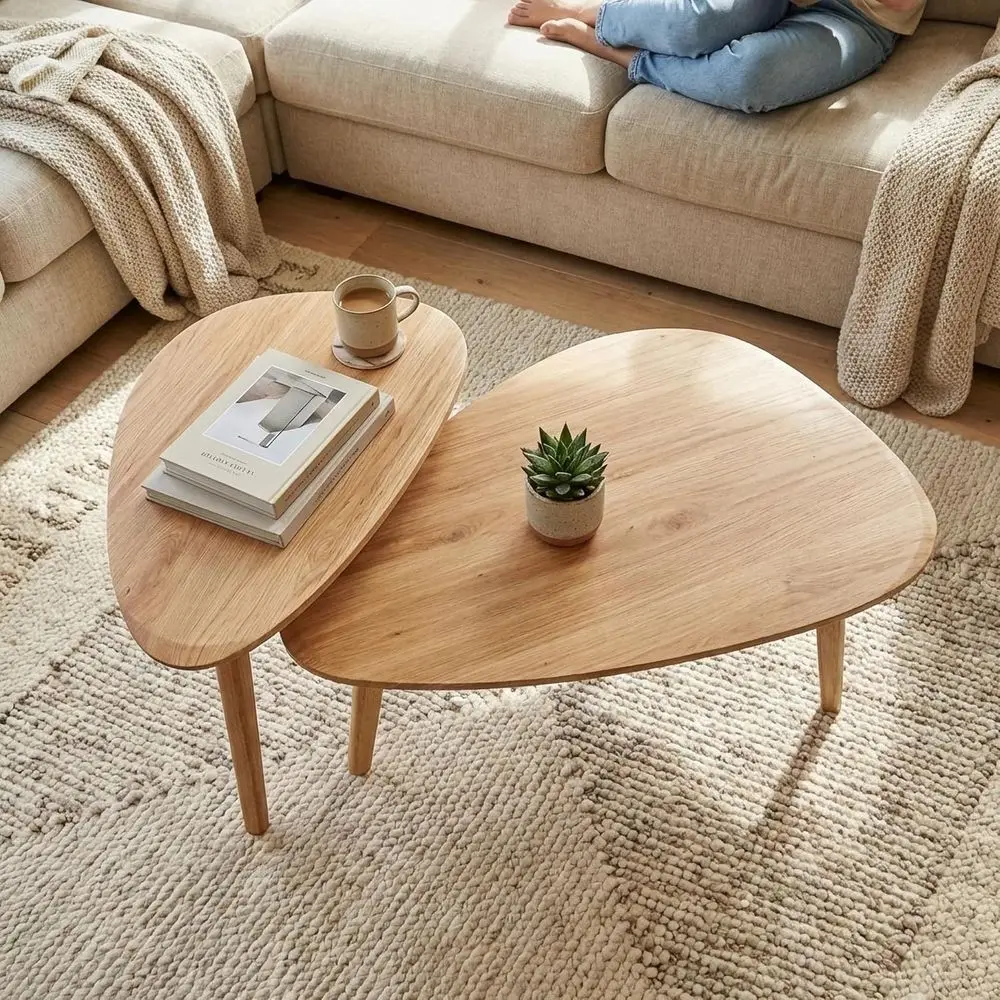

Mid-Century Modern 2-Piece Coffee Table Set with Stacking Guitar Picks, Solid Wood Legs, Waterproof for Indoor or Outdoor Use (N