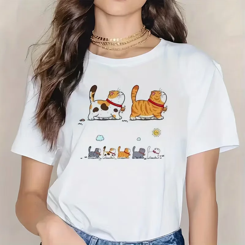 Korean Style Cute Cats Graphic T-shirt Short-sleeved Shirt Versatile Cartoon Kitten Print Casual Black Top Crew Neck Tee Unsex