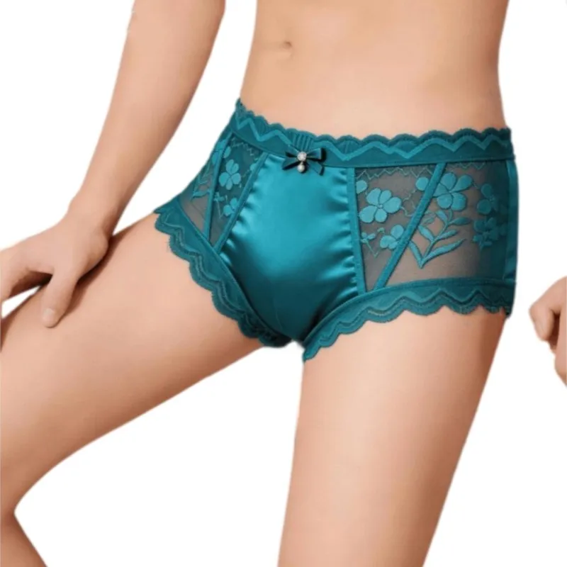Men's Sexy Lace Trim Mid Waist Floral Underwear Seamless Ultra-Thin Mesh Breathable Comfortable Sweet Cute Briefs