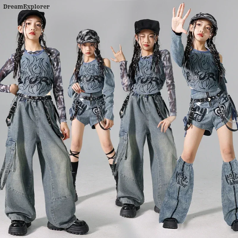 Girls K-pop Denim Crop Top Street Dance Cargo Jeans Pants Kids Hip Hop Jazz Shorts Clothes Set Children Streetwear Stage Costume