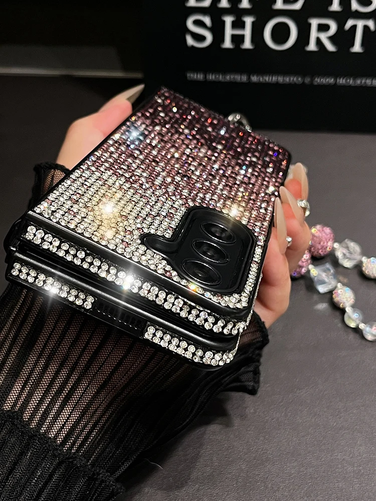 Bling Gradient Full Diamond Case for Samsung Galaxy Z Fold 6 Z Fold 5 Z Fold 4 Z Fold3 Woman Shiny Gem Bracelet Protective Cover