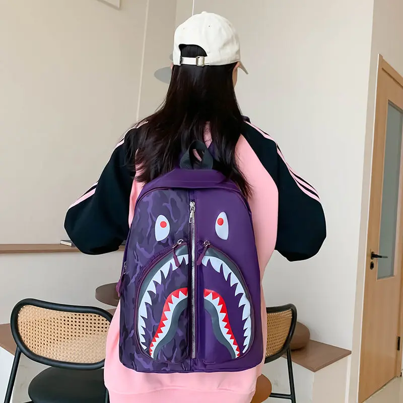 2024 waterproof School Backpacks for Student Style Anime Shark Print Travel Bags Punk Street Trend Waterproof Shoulder Backpack