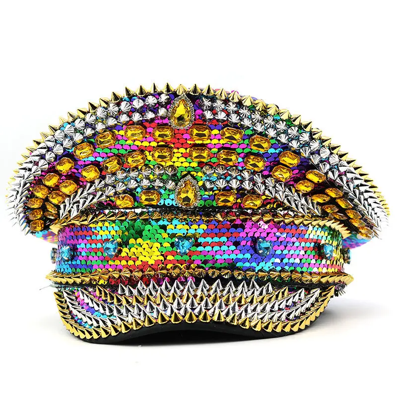 

Темно-синяя кепка с цветными заклепками и стразами и блестками, кепка с плоским верхом