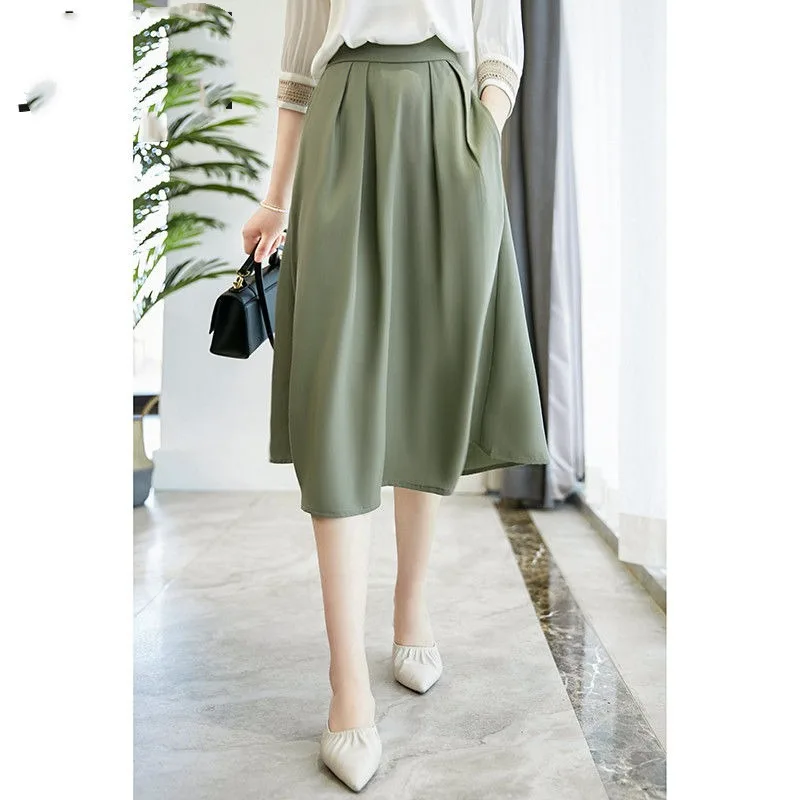 Simplicity Office Lady Summer Women\'s Solid Color Elastic Waist Pockets Pleated Fashion All-match High Waist Slim A-line Skirts