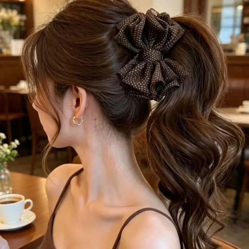 Korean Soft Polka Dot Bow Banana Clip Elegant Barrette For Half Up Updo Versatile Back Head Daily Hair Accessories B.H