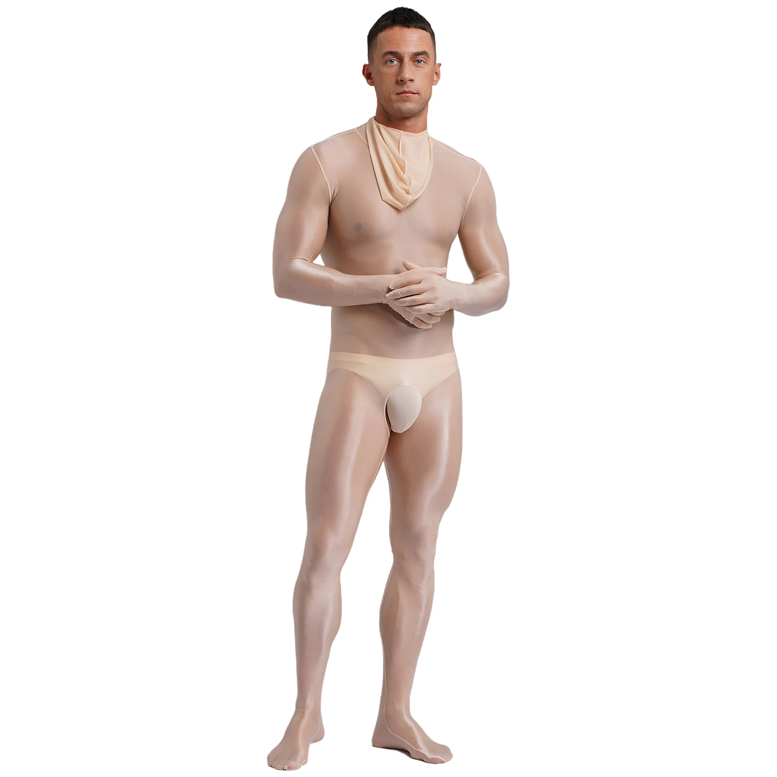 Mens Mesh Glossy Head Mask Bodystocking Sexy See-though Stretch Overall Bodysuit Catsuit Full Body Zipper Tempting Nightwear