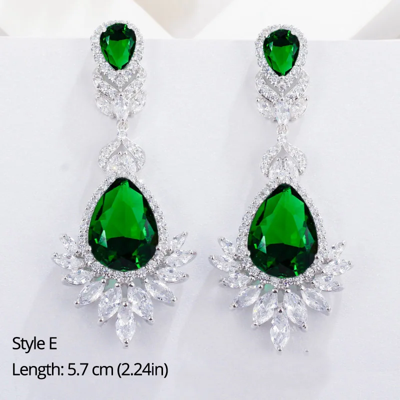 BeaQueen Classic Big Water Drop Green Crystal Long Hanging Earrings Oval Round Heart Cubic Zirconia Women Wedding Jewelry E292