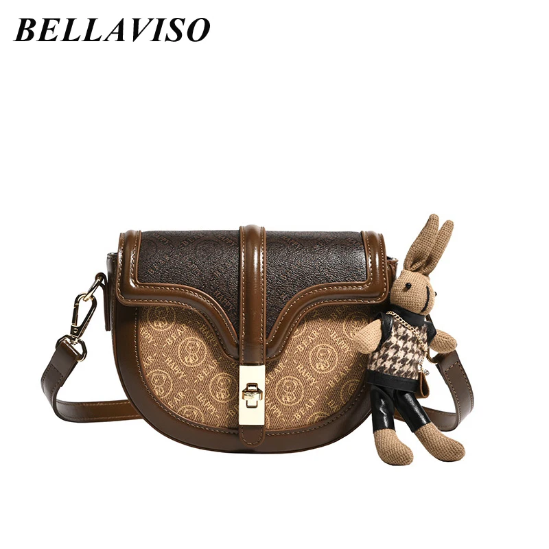 

BellaViso Fashion Retro Women's PU Leather Crossbody Bag Female's Niche Trendy Saddle Cartoon Bear Pattern Shoulder Bags BLCR-40