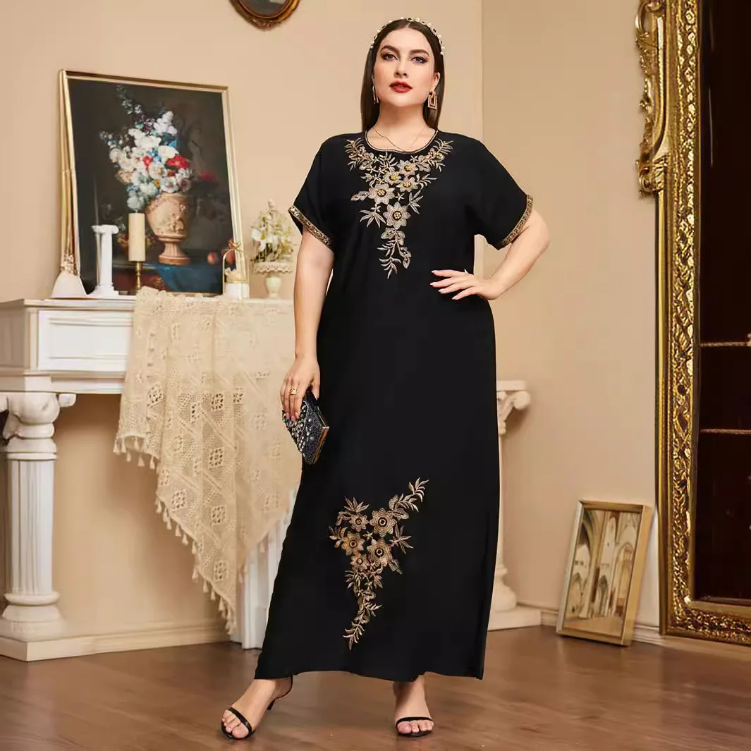 Arab Women Ethnic Embroidery Beading Abaya Kaftan Short Sleeve Floral Robe Dubai Party Gown Muslim Islamic Casual Long Dress