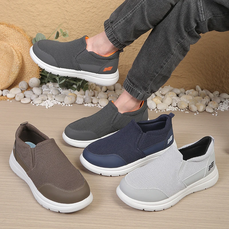 Men's Dual Material Mesh Walking Shoes, Seamless Elastic Collar, Reinforced Toe Overlay, Segmented Grooved Outsole Footwear