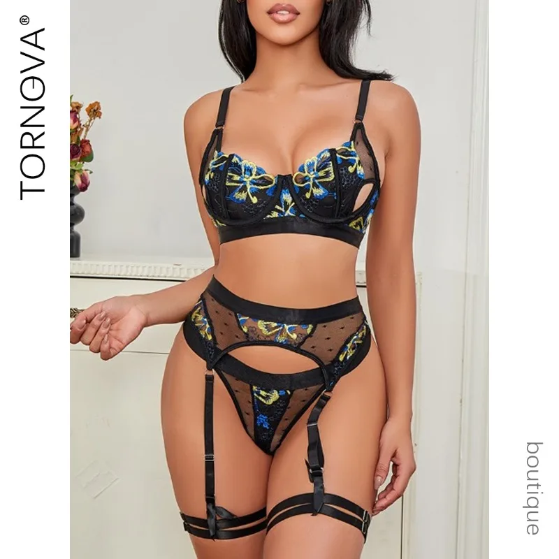

Tornova Women's Sexy Lingerie Set with Steel Support Embroidered Mesh Garter Belt Three-piece Transparent Underwear Suit