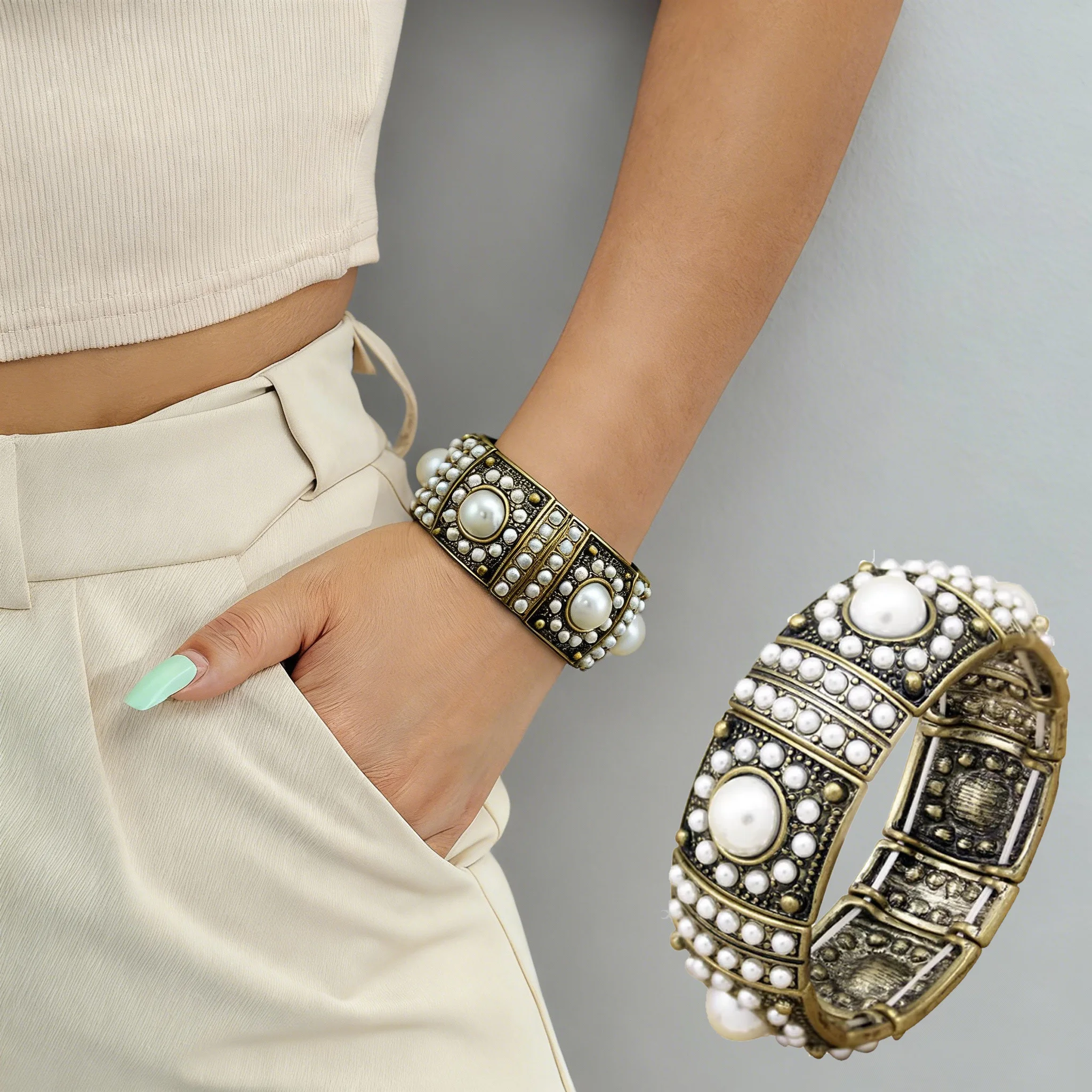 خمر الذهب اللون قبة اللؤلؤ 1920s سوار فني للمرأة رجل الموضة مطاطا الإسورة للجنسين مجوهرات البوهيمي اكسسوارات #1