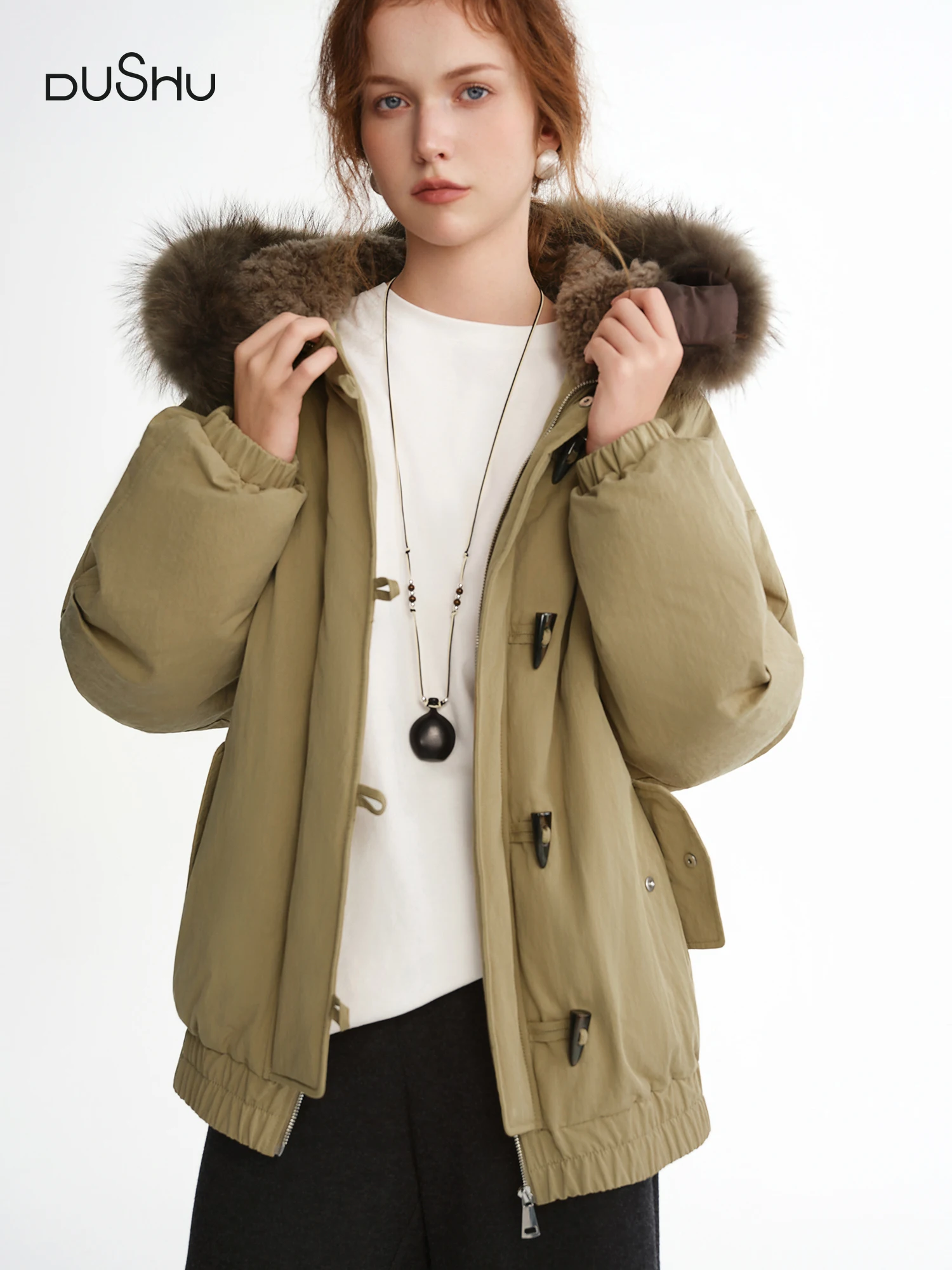 DUSHU أسفل سترة المرأة القرن مشبك الراكون الفراء طوق جديد الشتاء نمط معطف دافئ خمر الحظيرة الأمريكية نمط الترفيه اليومي #1