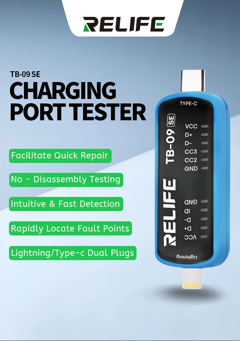 RELIFE TB-09 TB09 SE Charging Port Tester Tail Insertion Detector Type-C Lightning Interface for IOS Android Phone Repair Tools