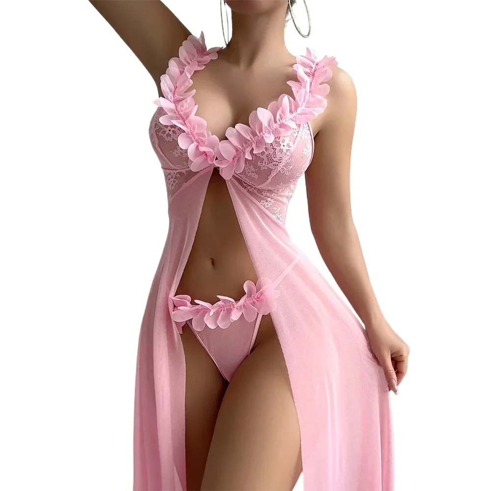 Pink Floral Lace See Through Nightgowns Women Sexy Lingerie Dress Nighties Exotic Babydolls Slip Nightdress Deep-V Lace Mesh