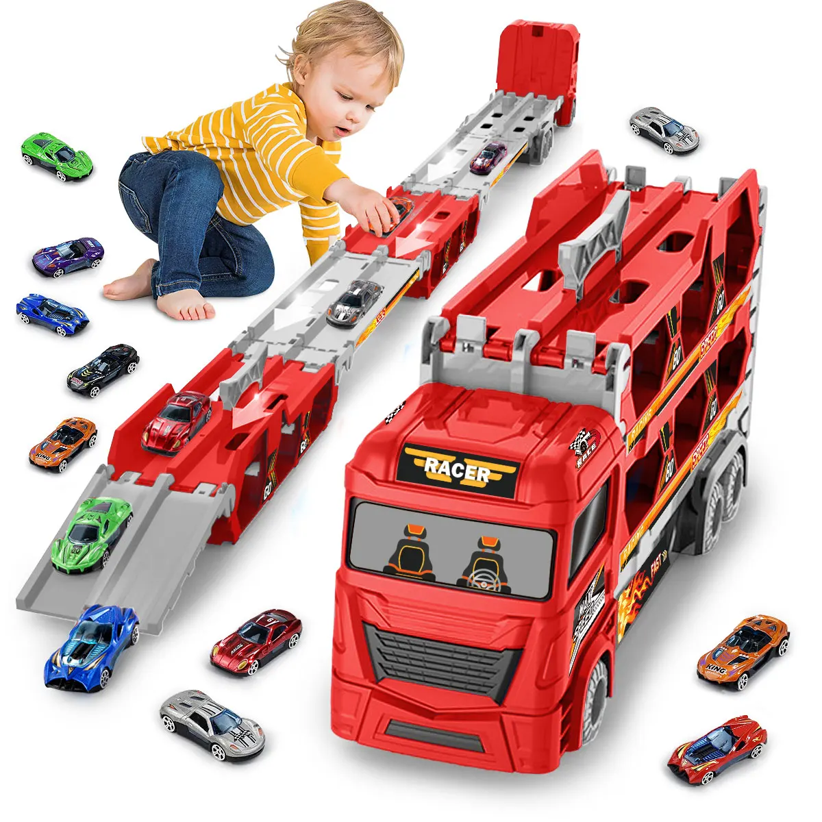 

Double Racing Track & Catapult Car Kids Toys Set - 8 Metal Cars, Foldable Storage Truck & STEM Educational Play | Kids Ages 3+